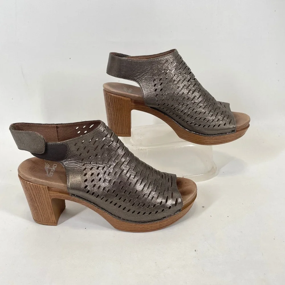 Dansko Womens Metallic Bronze Leather Laser Cut Block Heel Sandals Size 40